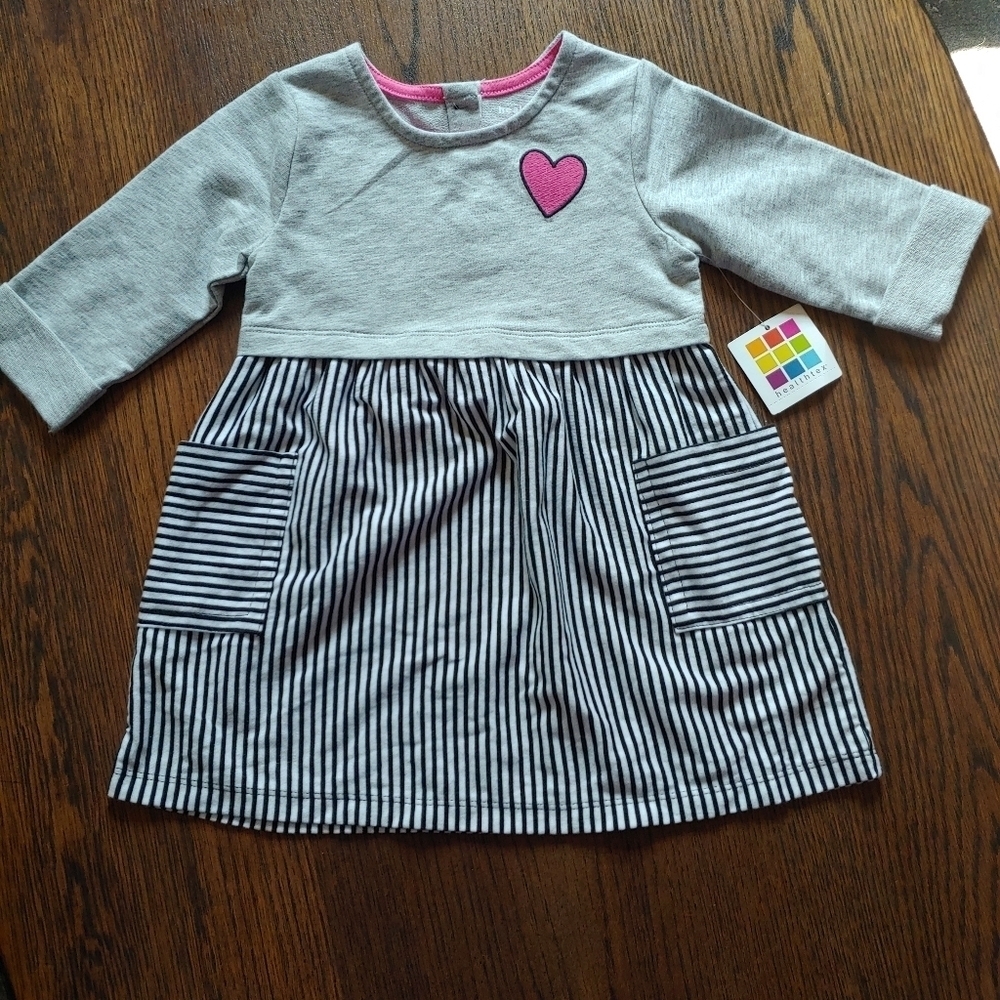 Healthtex Gray Black Pink Long Sleeve Dress with Pockets Size Girl's 2T NEW
